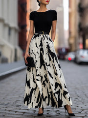 Abstract Print Pleated Maxi Dress