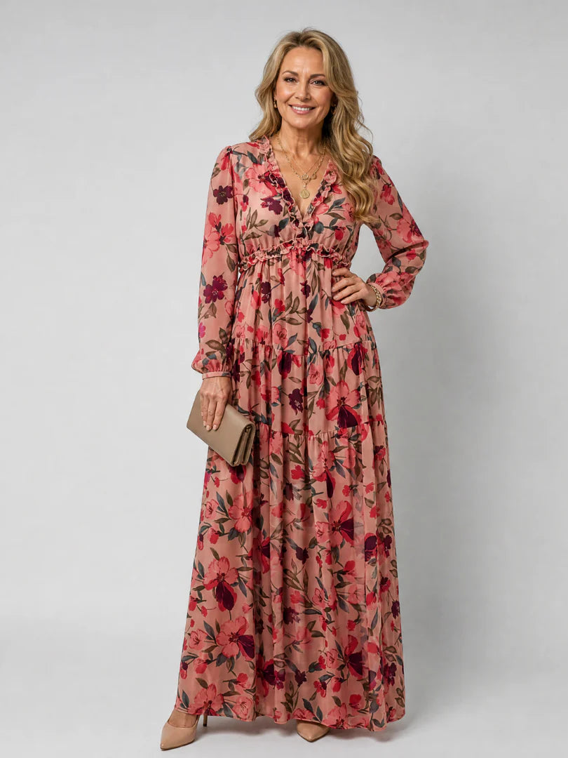 Camelo | Floral Print Long Sleeve Tiered Maxi Dress