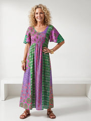 Isia | Mixed Print Short Sleeve Midi Dress