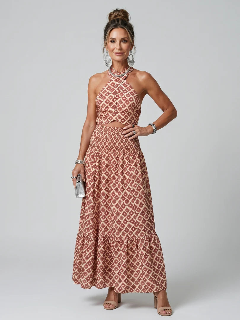 Amira | Cross Halter Geometric Print Cutout Midi Dress