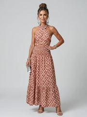 Amira | Cross Halter Geometric Print Cutout Midi Dress