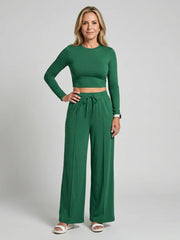 Avam | Long Sleeve Crew Neck Crop Top Pants Set