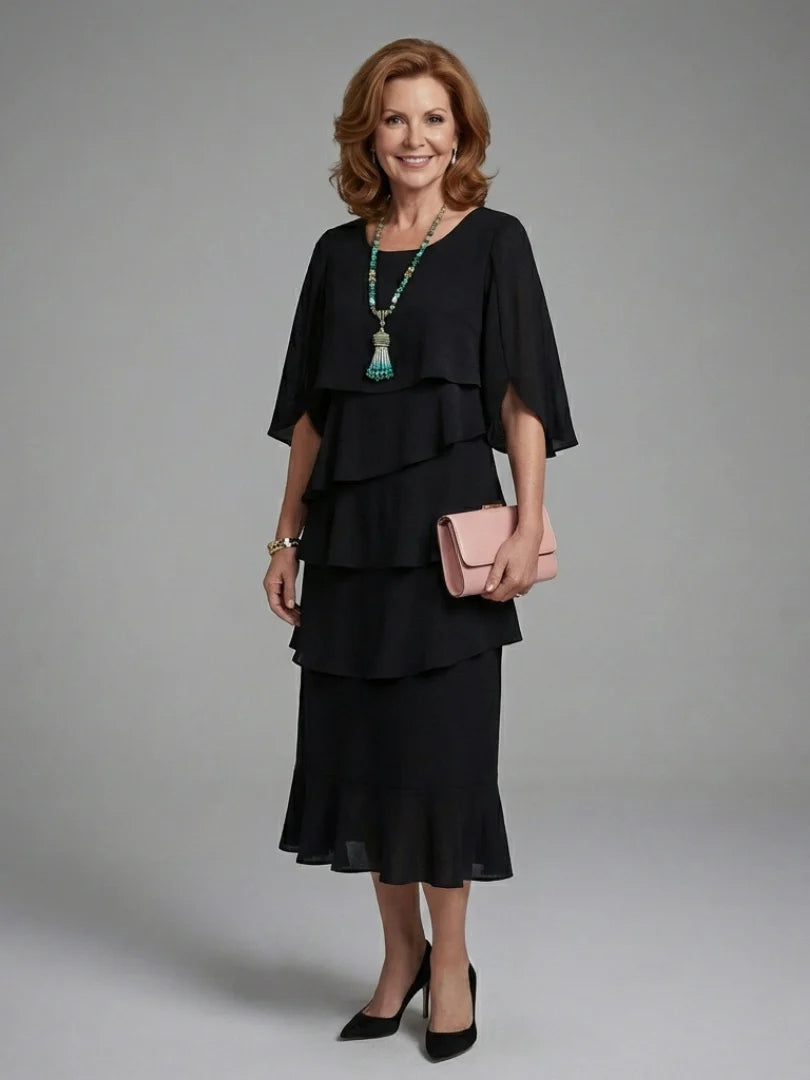 Maelis | Layered Cape Sleeve Midi Dress