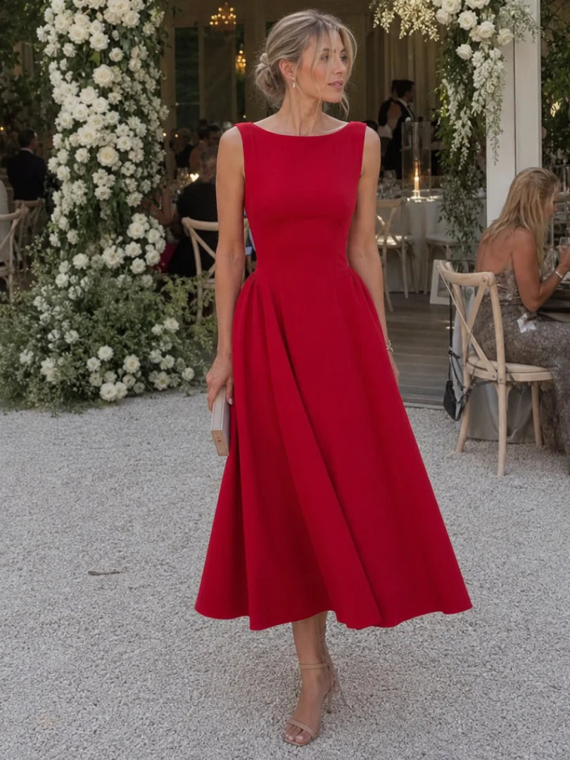 Corane | Sleeveless Crew Neck Fitted Bodice Midi Dress
