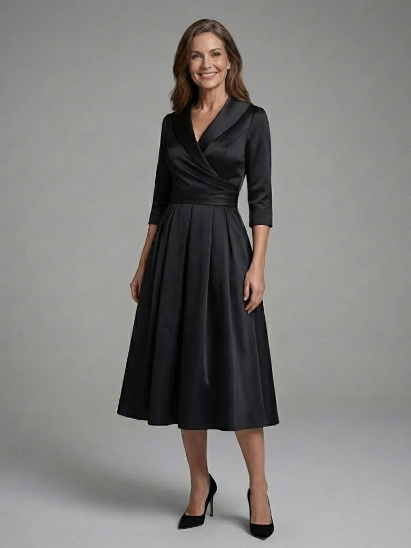 Genevieve | Three Quarter Sleeve Wrap Bodice Midi Dress