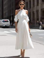 Halter Neck Cutout Waist Pleated A-Line Midi Dress