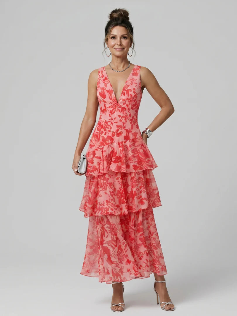 Gala | Deep V Sleeveless Painterly Pattern Midi Dress