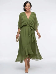 Elysia | V Neck Draped Waist Tie Midi Dress