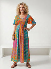 Isia | Mixed Print Short Sleeve Midi Dress