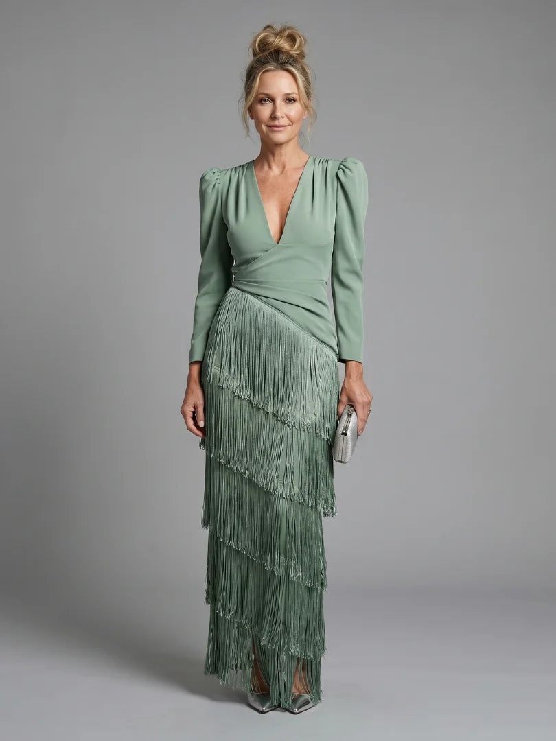 Samara | Long Sleeve Soft Fringe Skirt Midi Dress
