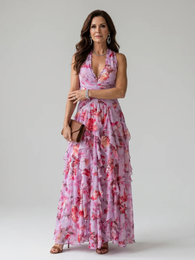 Nori | Halter Neck Ruched Bodice Floral Maxi Dress