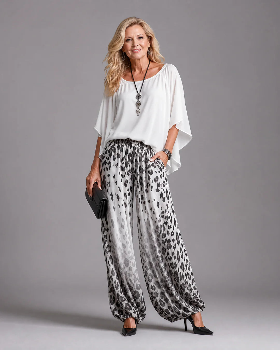 Zephyrel | Flowing Chiffon Top And Printed Wide Leg Pants Set