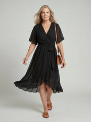 Keziah | Short Sleeve Wrap Soft Flowing Hem Midi Dress