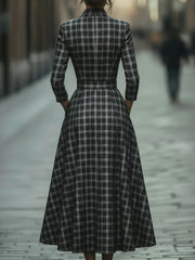 Plaid Check Belted Dress With V-Neckline