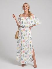 Elowira | Off Shoulder Soft Floral Print Midi Dress