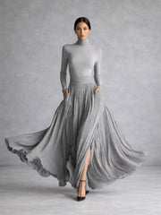 Isla | Pleated Full Skirt Turtleneck Maxi Dress