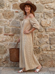 Vika | Off Shoulder Vertical Stripe Pattern Midi Dress