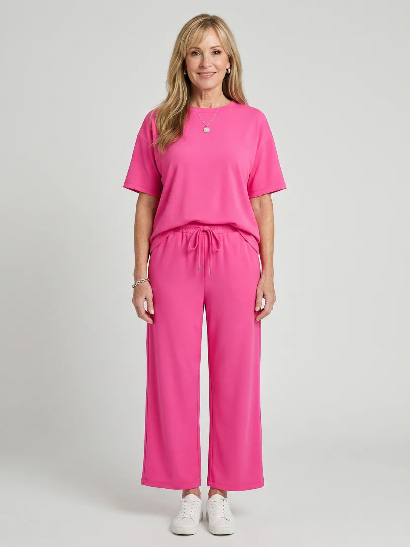 Wihel | Short Sleeve Drawstring Waist And Straight Leg Pants Set