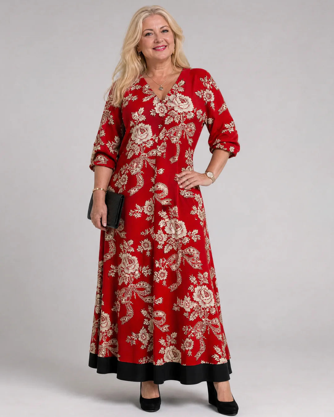 Thopal | Vintage Floral V Neck Relaxed Midi Dress