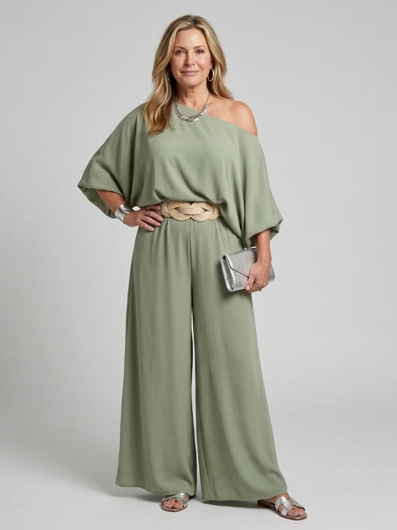 Siomara | One Shoulder Wide Sleeve Top And Wide Leg Pants Set