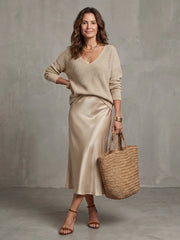 Luciana | Bias Fall Satin Skirt Knit Layer Set