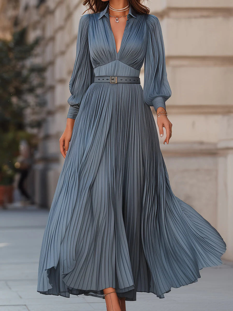Steel Blue Pleated Midi Dress