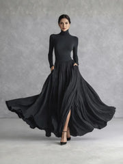 Isla | Pleated Full Skirt Turtleneck Maxi Dress