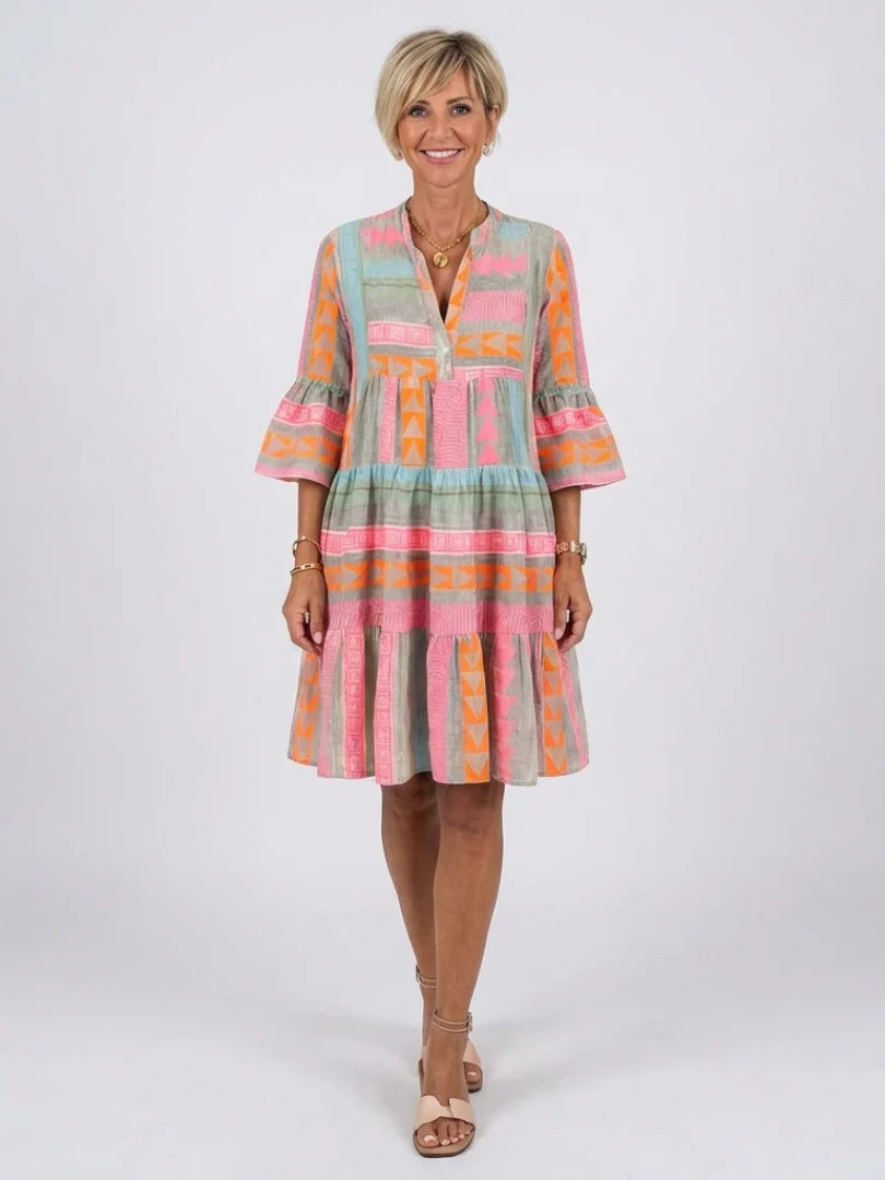 Maelle | Geometric Print V Neck Tiered Knee Length Dress