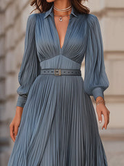Steel Blue Pleated Midi Dress