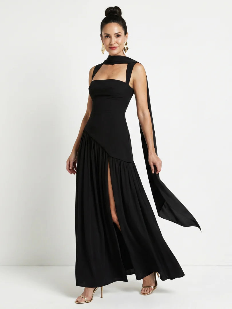 Bindi | Cutout Neck Pleated Slit Maxi Dress