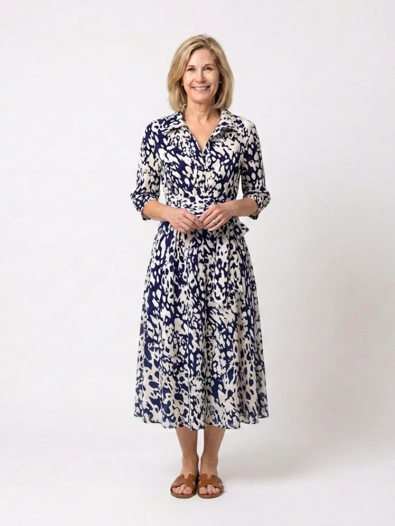 Oriana | Collared Long Sleeve Waist Tie Midi Dress