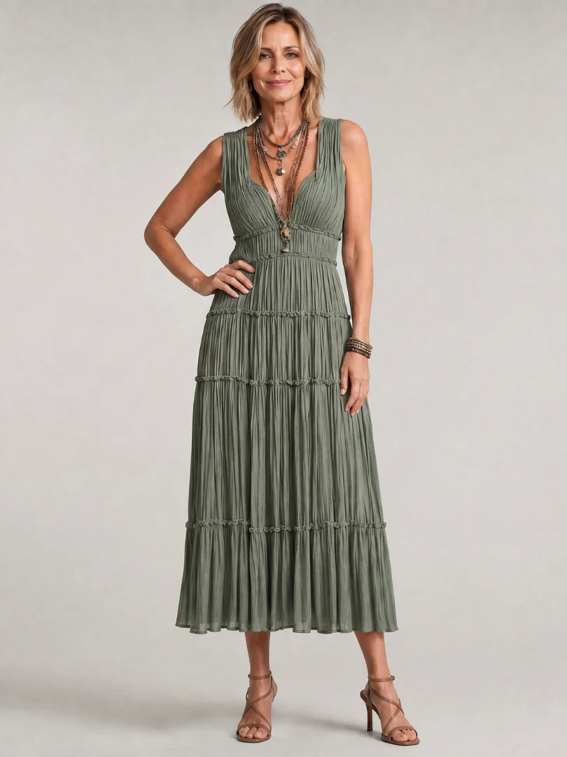 Somala | Pleated Sleeveless Tiered V Neck Midi Dress