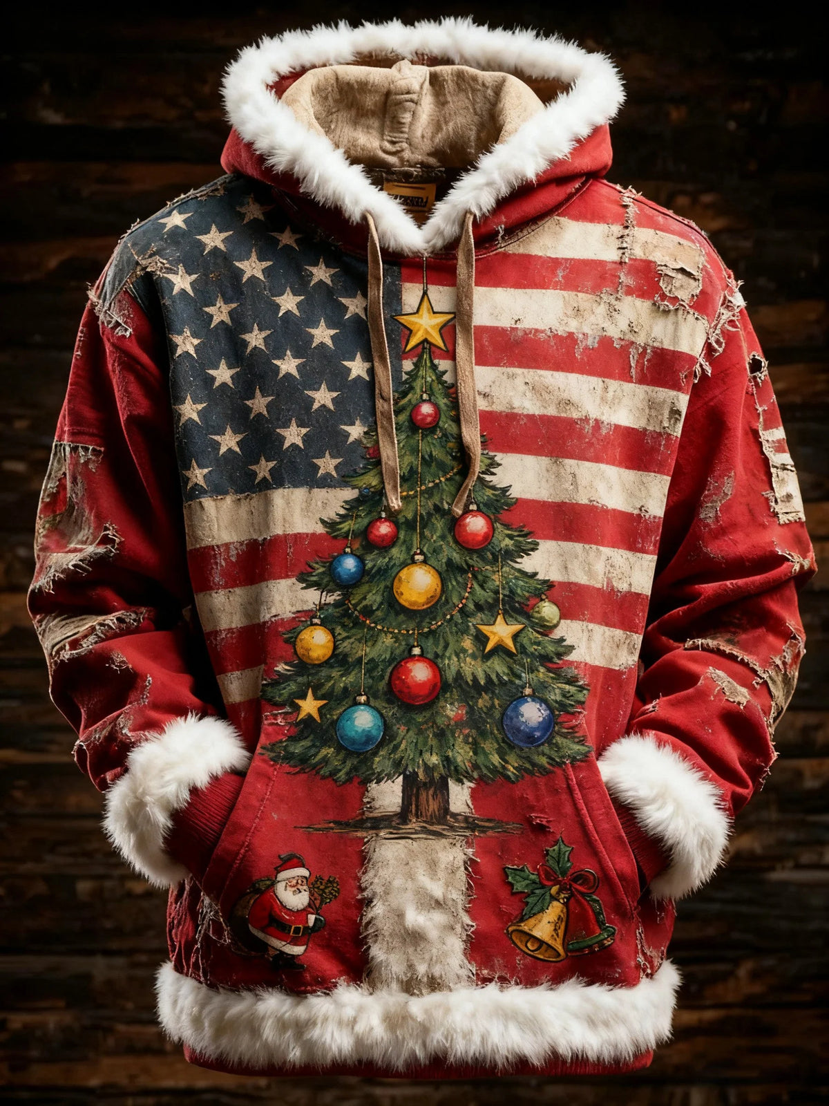 Men'S Retro American Flag Christmas Tree Printed Hoodie