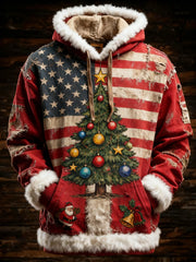 Men'S Retro American Flag Christmas Tree Printed Hoodie