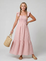 Verity | Sleeveless Square Neck Gingham Pattern Midi Dress