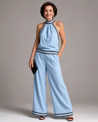 Zephyrine | Contrast Trim Halter Neck Wide Leg Jumpsuit