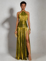 Tatiani | Halter Neck Pleated High Slit Maxi Dress