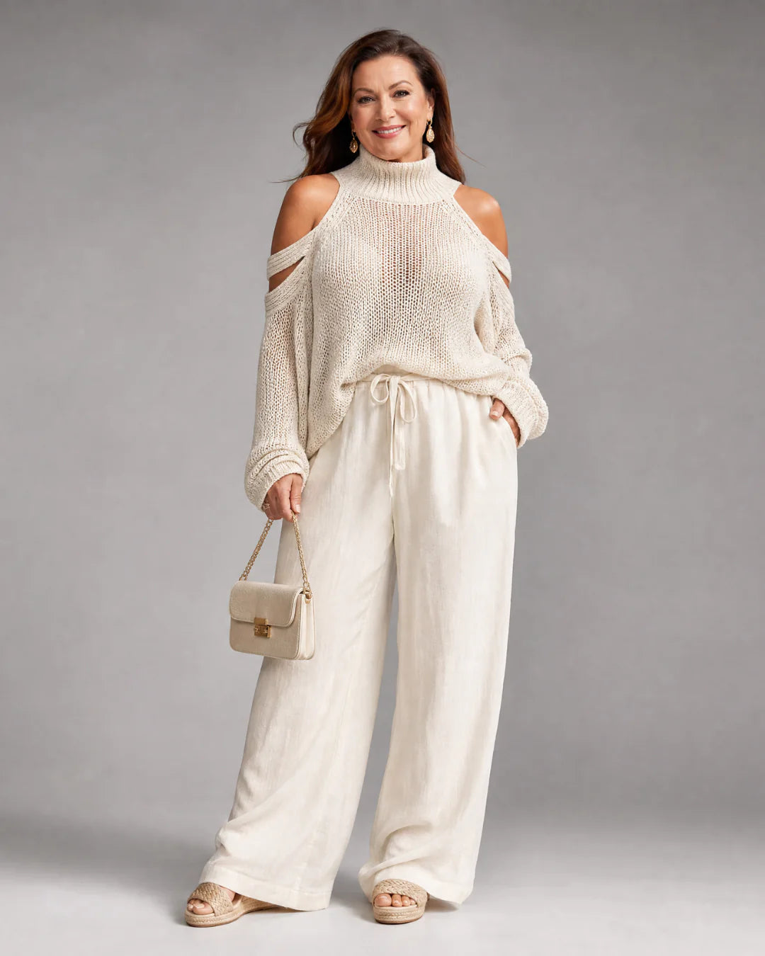 Elamen | Cold Shoulder Knit Sweater Wide Leg Pants Set
