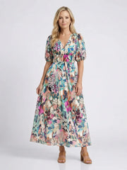Eulalie | V Neck Short Sleeve Gathered Waist Midi Dress