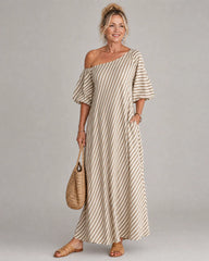 Zamrina | Striped Off Shoulder Puff Sleeve Midi Dress