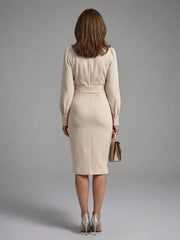 Kaelis | Long Sleeve Bow Neck Fitted Midi Dress