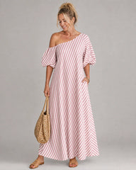 Zamrina | Striped Off Shoulder Puff Sleeve Midi Dress