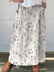 Women'S Vintage Floral Art Linen Elastic Waistband Pocket Skirt
