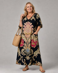 Evarose | Ornate Vintage Print Three Quarter Sleeve Midi Dress