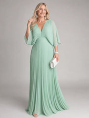 Semorph | V Neck Long Sleeve Pleated Maxi Dress
