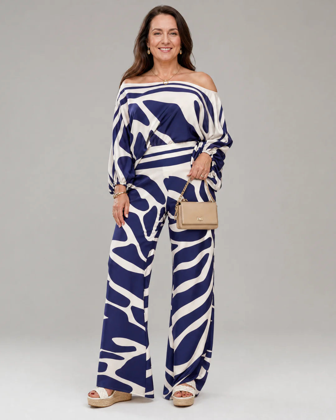 Sulaya | Abstract Print Off Shoulder Top And Wide Leg Pants Set
