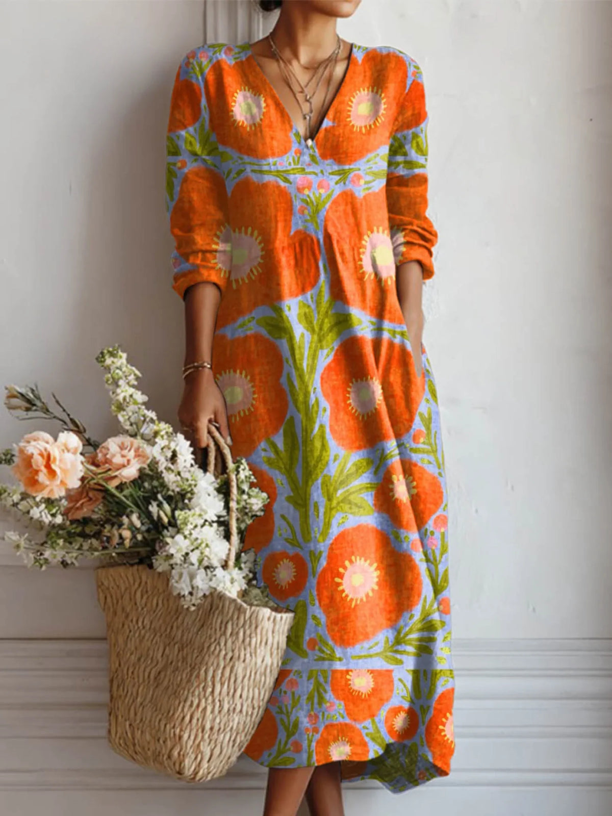 Amoura – Bohemian Flow V-Neck Midi Dress