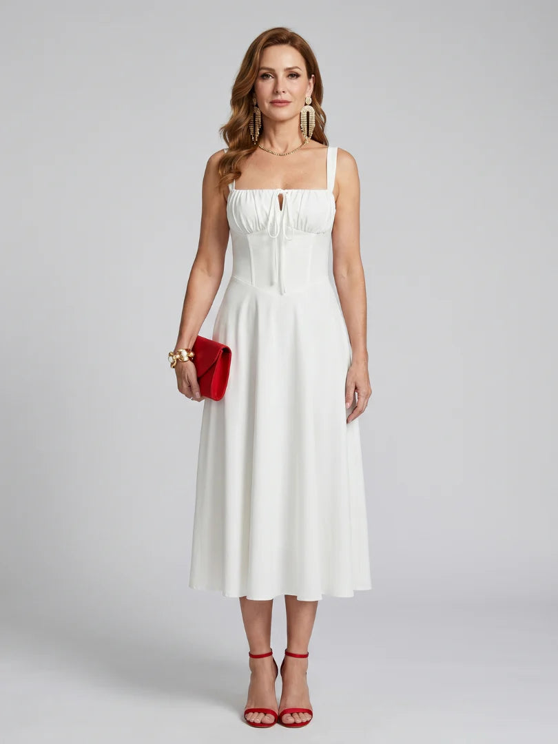 Zenobia | Spaghetti Strap Ruched Bodice Midi Dress