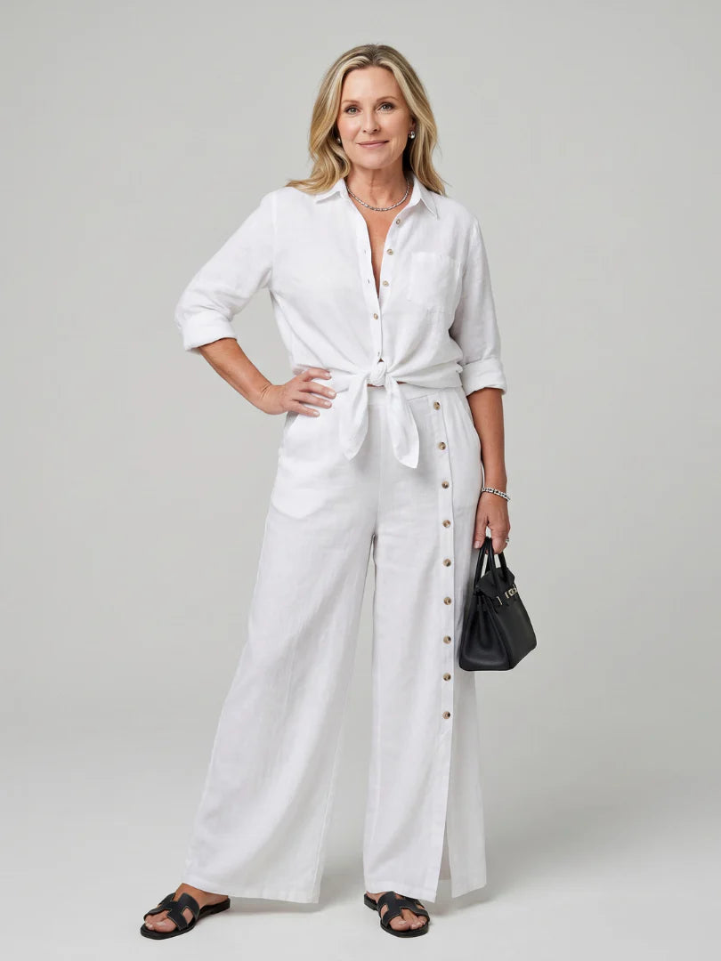 Maddelina | Long Sleeve Tie Front Top And Wide Leg Pants Set