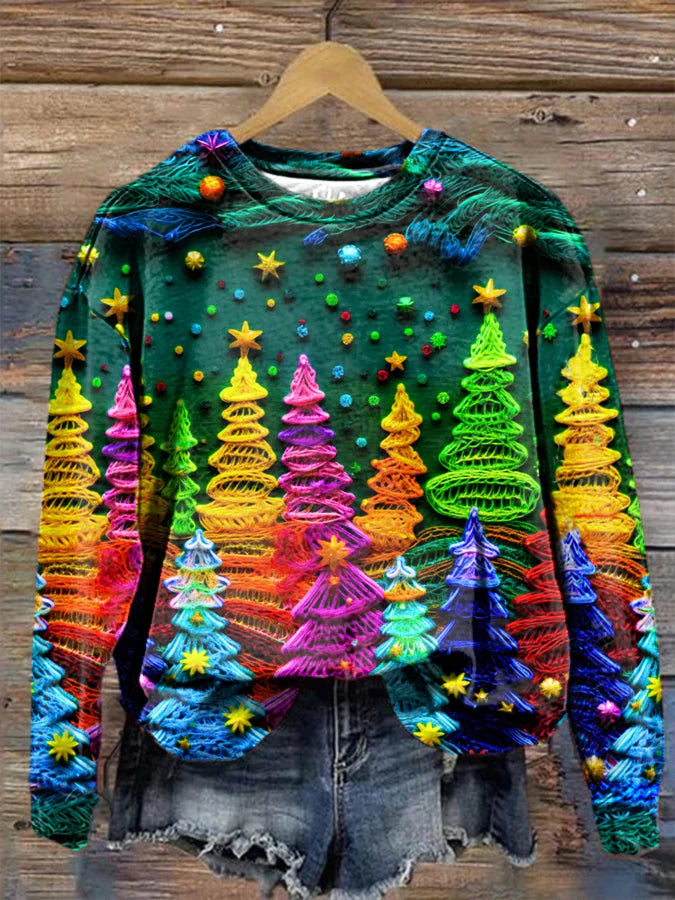 Women'S Christmas Tree Print Long Sleeve Sweatshirt
